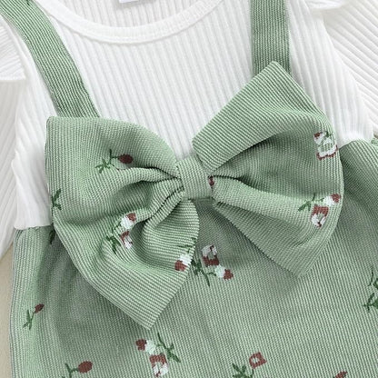 Infant Baby Girls Fall Outfit Long Sleeve Romper Floral Print Fake Two Pieces Patchwork Bow Jumpsuits And Headband Set