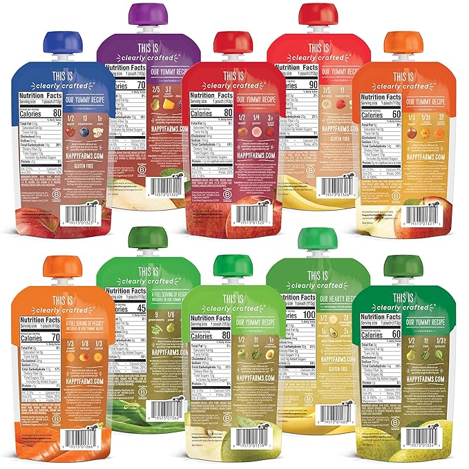 Happy Baby Organics Stage 2 Baby Food Pouches, Gluten Free, Vegan & Healthy Snack, Clearly Crafted Fruit & Veggie Puree, Fruit & Veggie Variety Pack, 4 Ounces (Pack of 10), Amazon Exclusive