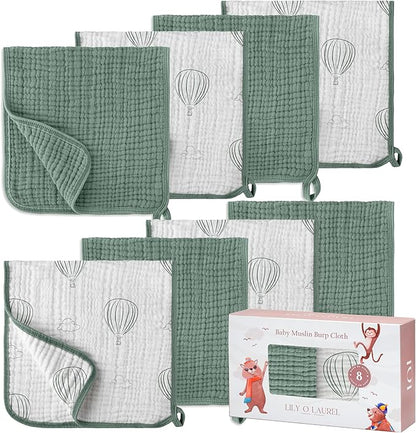 Muslin Burp Cloths, 20"x10"- Pack of 8, 6 Layers Super Soft Absorbent & Breathable 100% Cotton for Baby Drool and Messes, Burp Cloth Baby Boy and Burp Cloths Baby Girl