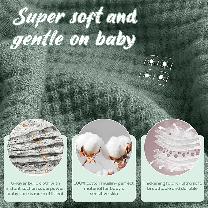 Muslin Burp Cloths, 20"x10"- Pack of 8, 6 Layers Super Soft Absorbent & Breathable 100% Cotton for Baby Drool and Messes, Burp Cloth Baby Boy and Burp Cloths Baby Girl