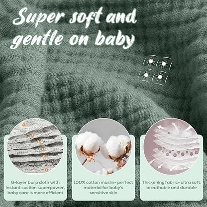 Muslin Burp Cloths, 20"x10"- Pack of 8, 6 Layers Super Soft Absorbent & Breathable 100% Cotton for Baby Drool and Messes, Burp Cloth Baby Boy and Burp Cloths Baby Girl