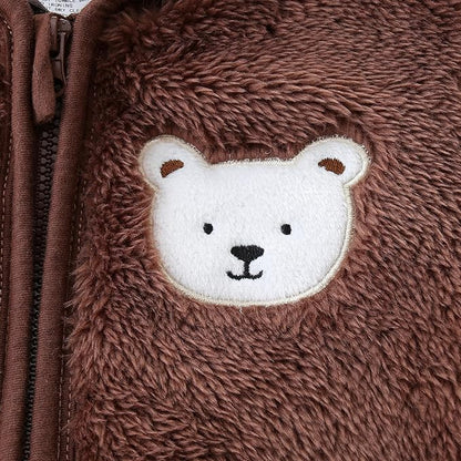Newborn Baby Fleece Jumpsuit Unisex Infant Bear Hooded Onesie with Mitten Cuffs Winter Warm Snowsuit Outfit