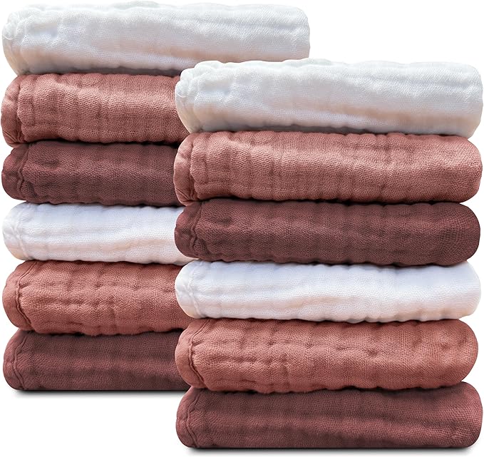 Sunny zzzZZ Baby Muslin Washcloths -100% Cotton Muslin Soft Baby Bath Wash Cloths and Absorbent Burp Cloths for Newborns Kids Girls and Boys -12 Pack, 12x12 Inches - White+Deep Bean Paste Series