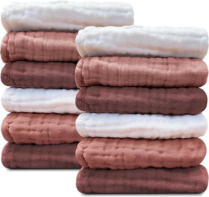 Sunny zzzZZ Baby Muslin Washcloths -100% Cotton Muslin Soft Baby Bath Wash Cloths and Absorbent Burp Cloths for Newborns Kids Girls and Boys -12 Pack, 12x12 Inches - White+Deep Bean Paste Series