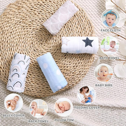 Viviland Baby Muslin Burp Cloths, Super Absorbent Washcloths for Baby Girl and Boy, 10 x 20 inches 6-Layer Baby Bath Towels, Blue Rainbow & Stars 4 Pack