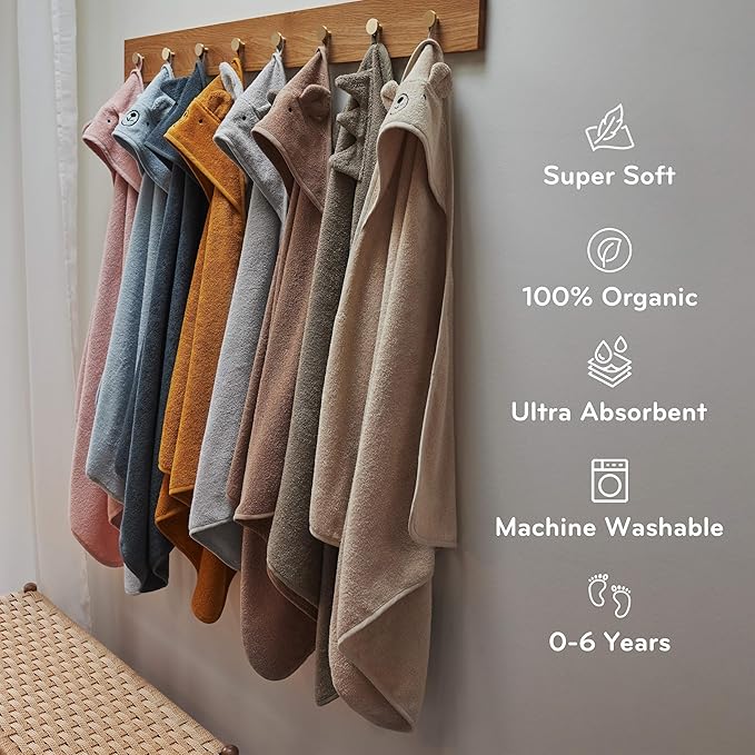 Baby Hooded Towel – Organic Cotton Baby Bath Towels, 32" x 32" Super-Soft and Absorbent Baby Towels for Newborn 2-Pack (Rabbit Grey/Bear Natural)