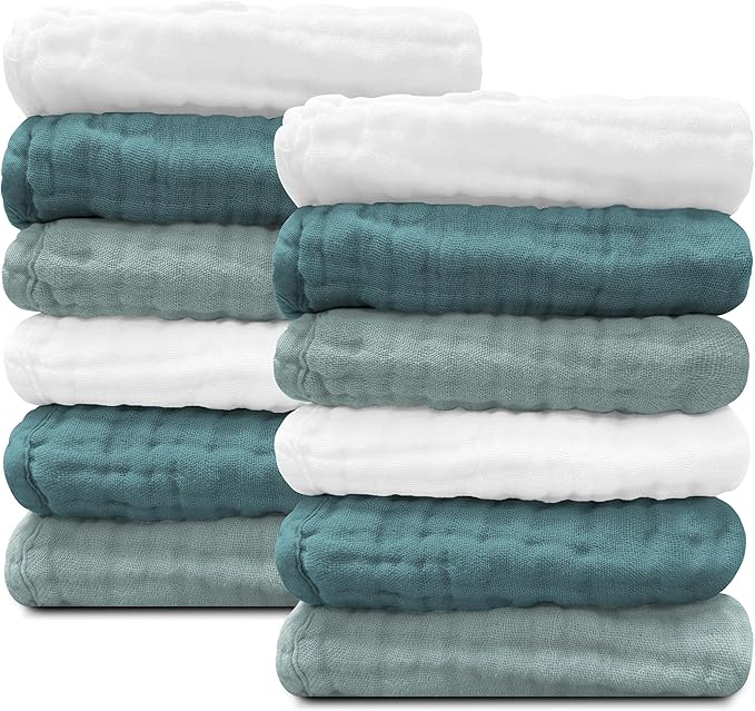 Sunny zzzZZ Baby Muslin Washcloths -100% Cotton Muslin Soft Baby Bath Wash Cloths and Absorbent Burp Cloths for Newborns Kids Girls and Boys -12 Pack, 12x12 Inches - White+Light Emerald Series