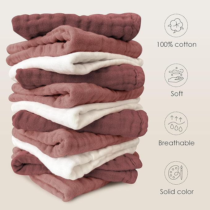 Sunny zzzZZ Baby Muslin Washcloths -100% Cotton Muslin Soft Baby Bath Wash Cloths and Absorbent Burp Cloths for Newborns Kids Girls and Boys -12 Pack, 12x12 Inches - White+Deep Bean Paste Series
