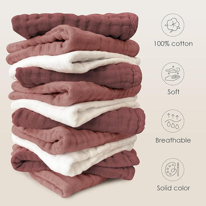 Sunny zzzZZ Baby Muslin Washcloths -100% Cotton Muslin Soft Baby Bath Wash Cloths and Absorbent Burp Cloths for Newborns Kids Girls and Boys -12 Pack, 12x12 Inches - White+Deep Bean Paste Series