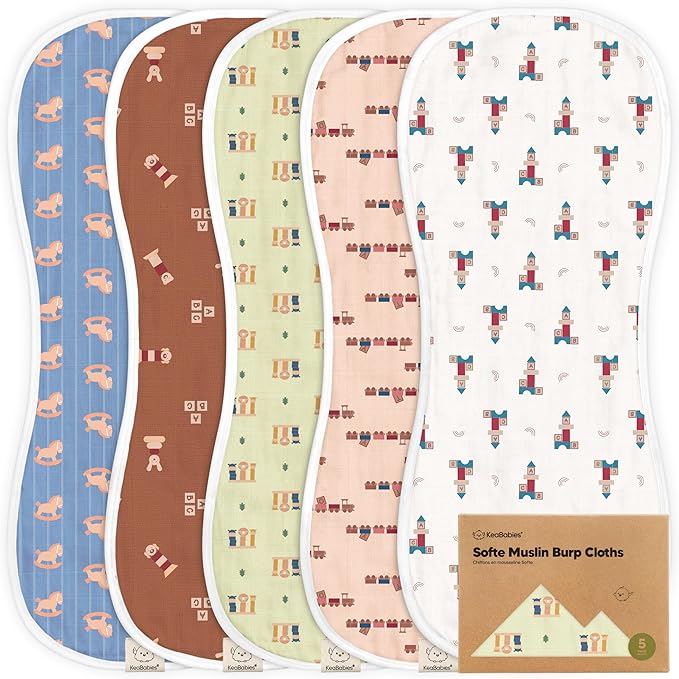 5-Pack Muslin Burp Cloths Baby Boy, Girl - Very Absorbent Baby Burp Cloth Rags, 8-Layers Viscose Derived from Bamboo Cotton Muslin Towel, Super Soft Spit Up Rags, No Shrink Washcloths (Toy Land)