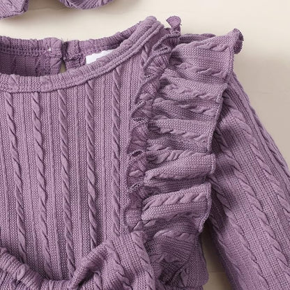 Happy Town Baby Girl Romper Infant Fall Winter Clothes Ruffle Sweater Long Sleeve Bodysuit Jumpsuit and Headband