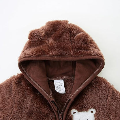 Newborn Baby Fleece Jumpsuit Unisex Infant Bear Hooded Onesie with Mitten Cuffs Winter Warm Snowsuit Outfit