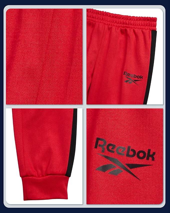 Reebok Baby Boy Pants Set - 3 Piece Tricot Fleece Jogger Pants Short Sleeve T Shirt & Track Jacket for Toddlers & Infants