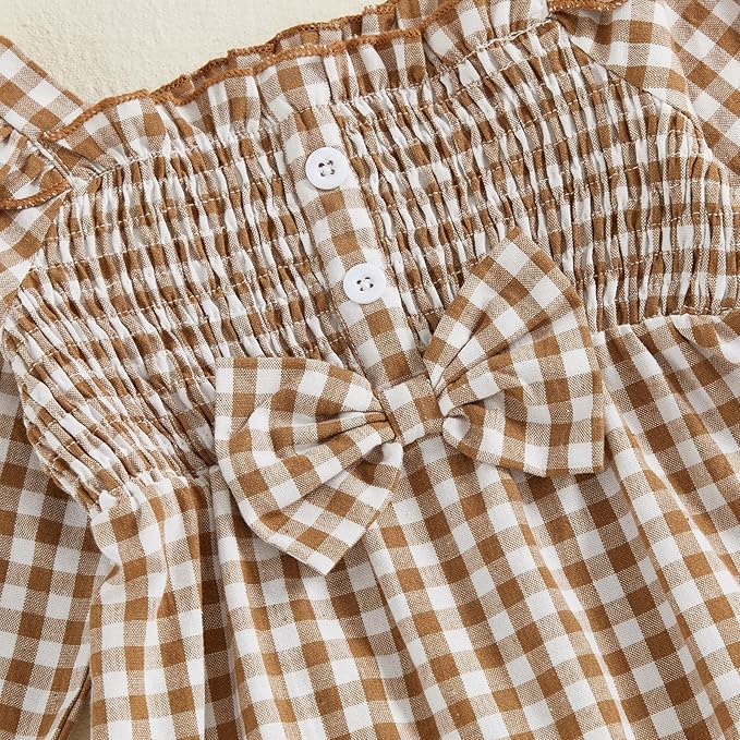 Newborn Infant Smocked Baby Girl Clothes Plaid Bubble Romper Long Leg Bodysuit Bow One-Piece Jumpsuit