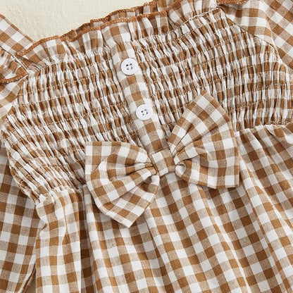 Newborn Infant Smocked Baby Girl Clothes Plaid Bubble Romper Long Leg Bodysuit Bow One-Piece Jumpsuit