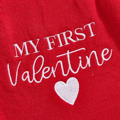 Infant My First Valentines Baby Girl Outfit Newborn Button Heart Embroidery Knit Romper Bubble Bodysuit One Piece