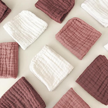 Sunny zzzZZ Baby Muslin Washcloths -100% Cotton Muslin Soft Baby Bath Wash Cloths and Absorbent Burp Cloths for Newborns Kids Girls and Boys -12 Pack, 12x12 Inches - White+Deep Bean Paste Series