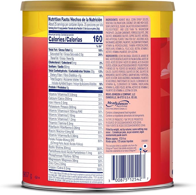 Enfagrow PREMIUM Toddler Nutritional Drink, Made with Real Milk, Brain-Building Omega-3 DHA, Nutrients and Prebiotics for Growth & Immune Support, Non-GMO, Toddler Milk Powder, 32 Oz Can, 6 Count