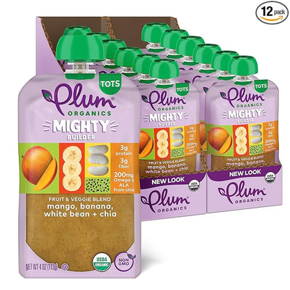 Plum Organics Mighty Builder Organic Toddler Food - Mango, Banana, White Bean, and Chia - 4 oz Pouch (Pack of 12) - Organic Fruit and Vegetable Toddler Food Pouch