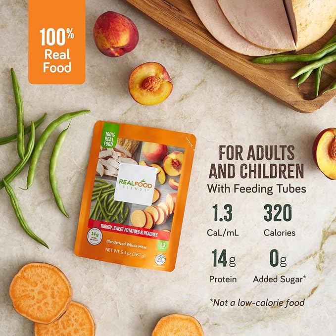 Real Food Blends Turkey, Sweet Potatoes & Peaches - Pureed Food Meals for Tube Feeding with Protein, Vegetables & Fruits - 320 Calories for Lunch & Dinner - 9.4 oz (Pack of 12)