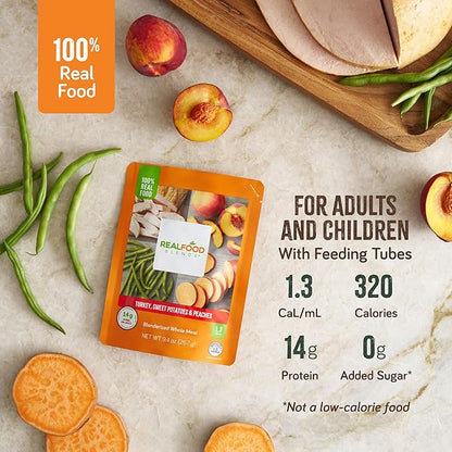 Real Food Blends Turkey, Sweet Potatoes & Peaches - Pureed Food Meals for Tube Feeding with Protein, Vegetables & Fruits - 320 Calories for Lunch & Dinner - 9.4 oz (Pack of 12)