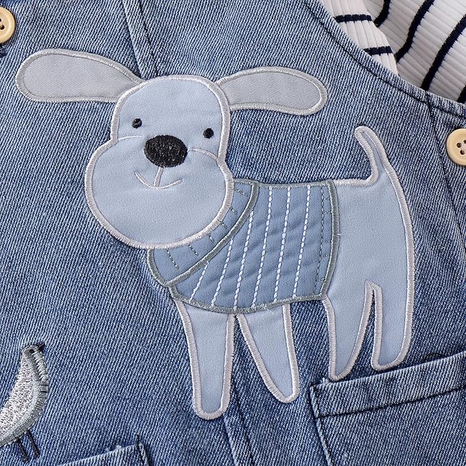 Baby Boy Clothes Fall Winter Outfits Long Sleeve Striped Romper Cute Cartoon Jeans Overalls Pants Set 0-18 Months