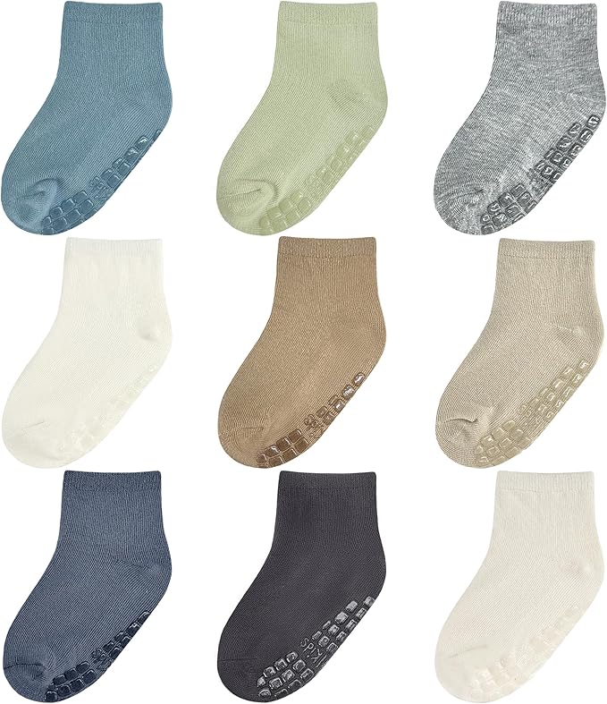 Baby Mid-Crew Socks with Grips (9 Pairs) for 0-7 Years Old Toddler Boy Girl Kids