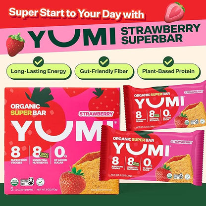 YUMI Organic Breakfast Superbar, Gluten-Free, No Added Sugar, 7+ Vegetables, Soft-Baked Crust, Healthy Snack Bars for Kids, School Safe, Healthy Alternative to Granola Bars or Cereal Bars, Strawberry (30ct)