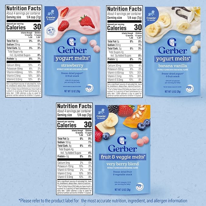 Gerber Stage 3 Baby Food Snacks, Strawberry, Banana Vanilla Yogurt Melts, Very Berry Fruit and Veggie Melts, Baby Led Feeding, 8-Pack