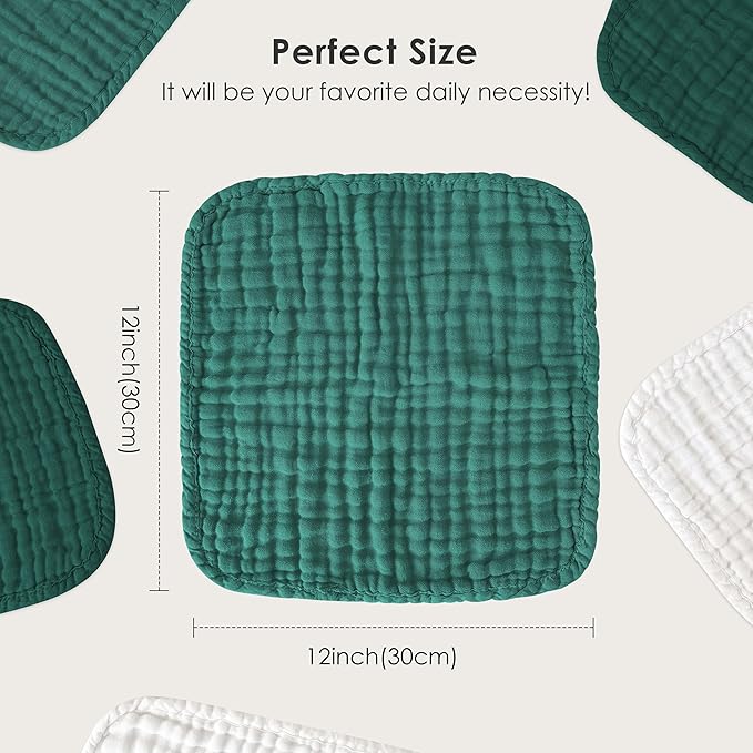 Sunny zzzZZ Baby Muslin Washcloths -100% Cotton Muslin Soft Baby Bath Wash Cloths and Absorbent Burp Cloths for Newborns Kids Girls and Boys -12 Pack, 12x12 Inches - White+Deep Emerald Series
