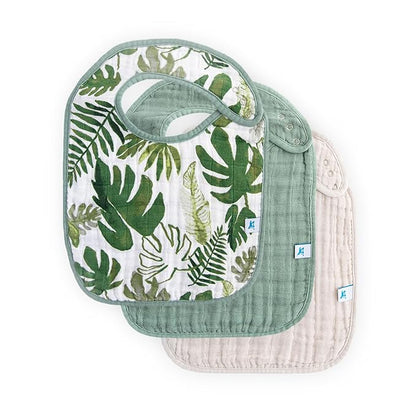 Little Unicorn Premium Classic Bib 3 pack | Adjustable as baby grows | Soft fabric on skin | Great for first time eaters (Tropical Leaf)