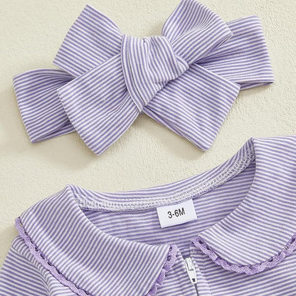 Gaono Newborn Baby Girl Romper Waffle Knit Striped Long Sleeve Doll Collar Heart Bow Jumpsuit Bodysuit Fall Winter Clothes