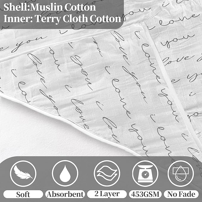 VOOVA & MOVAS 2Pack Baby Bath Towels - 100% Muslin Cotton,300GSM, 32x32 Inches,0-24Months, Super Absorbent Large Towel with Hood for Newborn,Toddler,Infant, Golden Love & Grapheme Love Patten