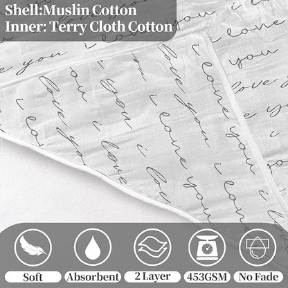 VOOVA & MOVAS 2Pack Baby Bath Towels - 100% Muslin Cotton,300GSM, 32x32 Inches,0-24Months, Super Absorbent Large Towel with Hood for Newborn,Toddler,Infant, Golden Love & Grapheme Love Patten