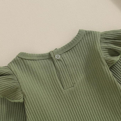 Mubineo Infant Baby Girl Basic Plain Rib Knit Ruffle Long Sleeve Romper Bodysuit Tops