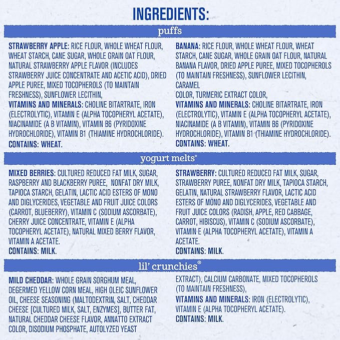 Gerber Strawberry Yogurt Melts, Mixed Berries Yogurt Melts, Banana Puffs, Strawberry Apple Puffs, Mild Cheddar Lil' Crunchies, 9-Pack