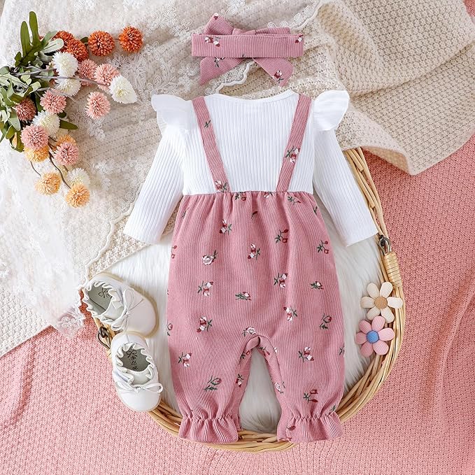 Infant Baby Girl Fall Outfit Romper Cherry Print Fake Two Pieces Patchwork Bow Jumpsuit Newborn Winter Clothes