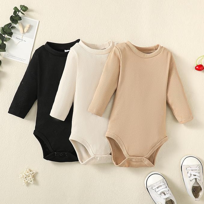 OPAWO Long Sleeve Onsies for Baby Girls' Bodysuits Newborn 3 Pack Infant Ribbed Fall Baby Girl Romper Undershirt
