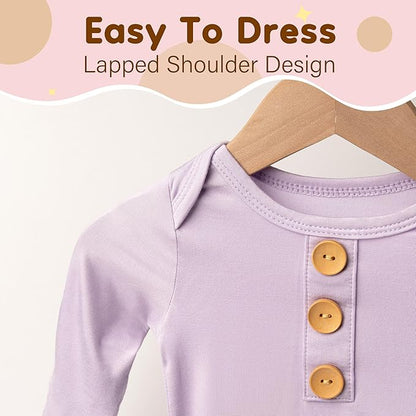 Soft Baby Knot Gown 0-3 Months, Newborn Announcement Sleepers With Mitten Cuffs and Personalized Wooden Name Tag