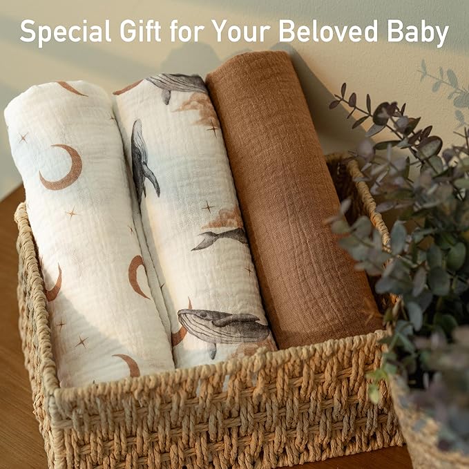 GLLQUEN BABY Muslin Swaddle Blankets,3-Pack Receiving Blanket for Newborn Boys and Girls,Baby Swaddle Blanket Unisex,Little Bear,Baby Essentials, Registry & Gift, 40 x 38 inches