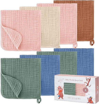 Muslin Burp Cloths, 20"x10"- Pack of 8, 6 Layers Super Soft Absorbent & Breathable 100% Cotton for Baby Drool and Messes, Burp Cloth Baby Boy and Burp Cloths Baby Girl